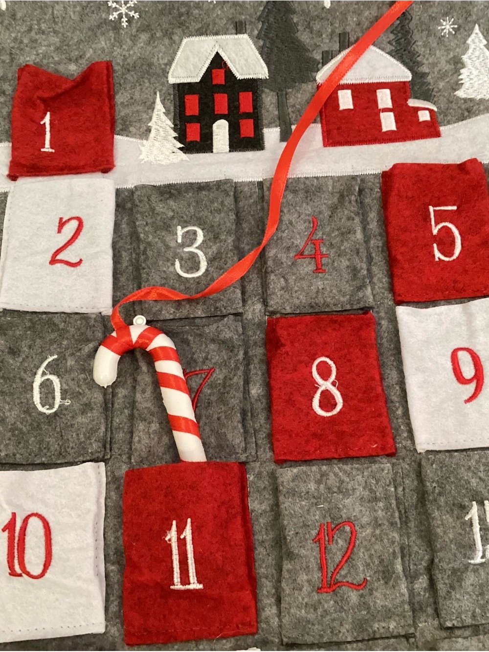 Holiday Felt Advent Calendar with Red, Gray, White Pockets